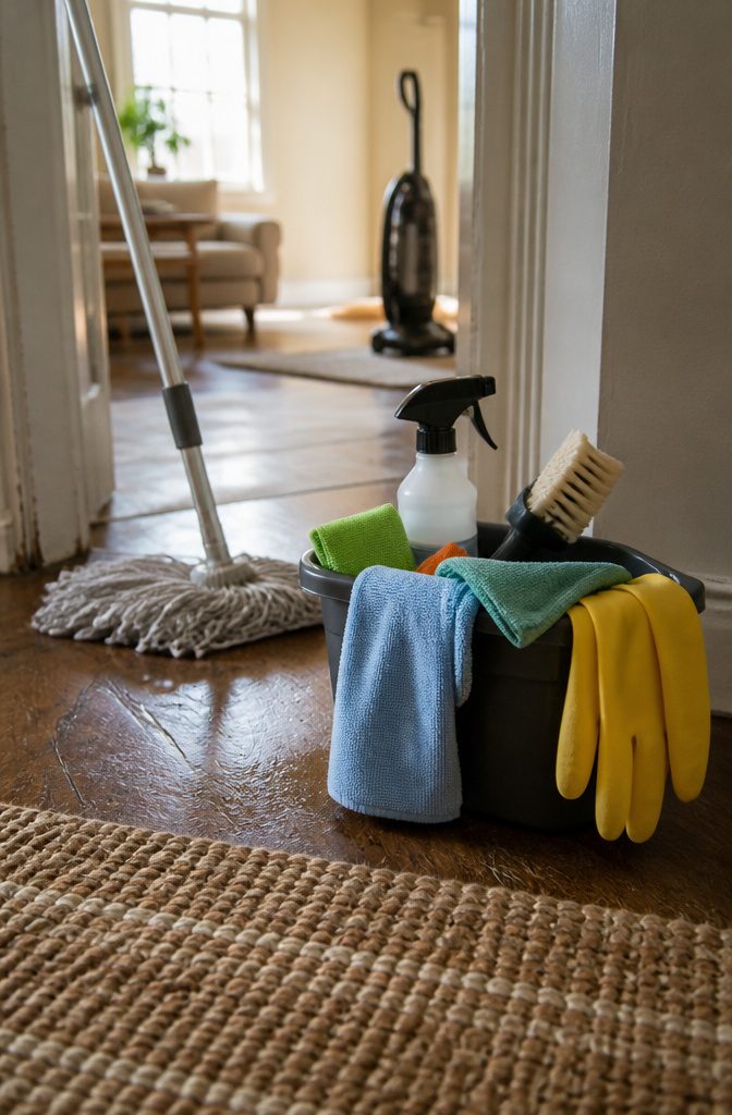 6 Steps: How to Clean House Like a Pro From Start to Finish 7 Cleaning caddy with microfiber cloths spray bottles and an angled brush