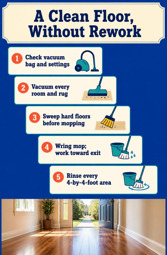 6 Steps: How to Clean House Like a Pro From Start to Finish 5 Numbered floor-cleaning instructions with a mop and bucket