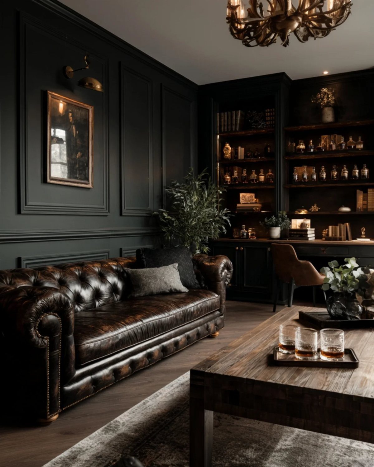 Interior Color Schemes: 9 Real Rooms That Make Them Work 3 Dark living room with black paneled walls, a leather sofa, and a wooden coffee table.