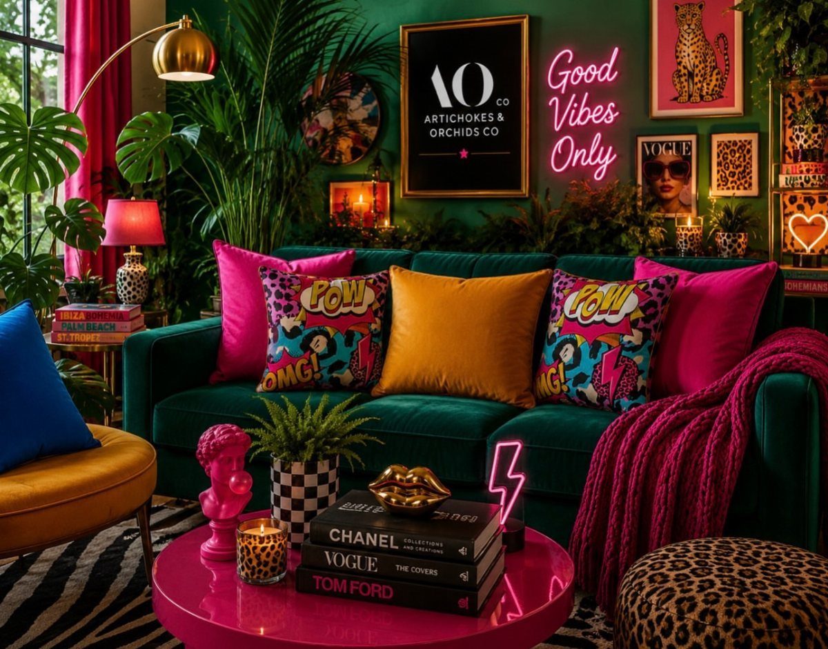 Interior Color Schemes: 9 Real Rooms That Make Them Work 8 A colorful living room with a green velvet sofa, pink coffee table, and bright decorative pillows.