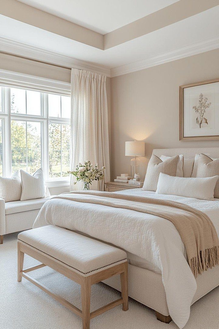 Interior Color Schemes: 9 Real Rooms That Make Them Work 1 A bright bedroom with beige walls, white bedding, a tan throw, and a light wood bench.