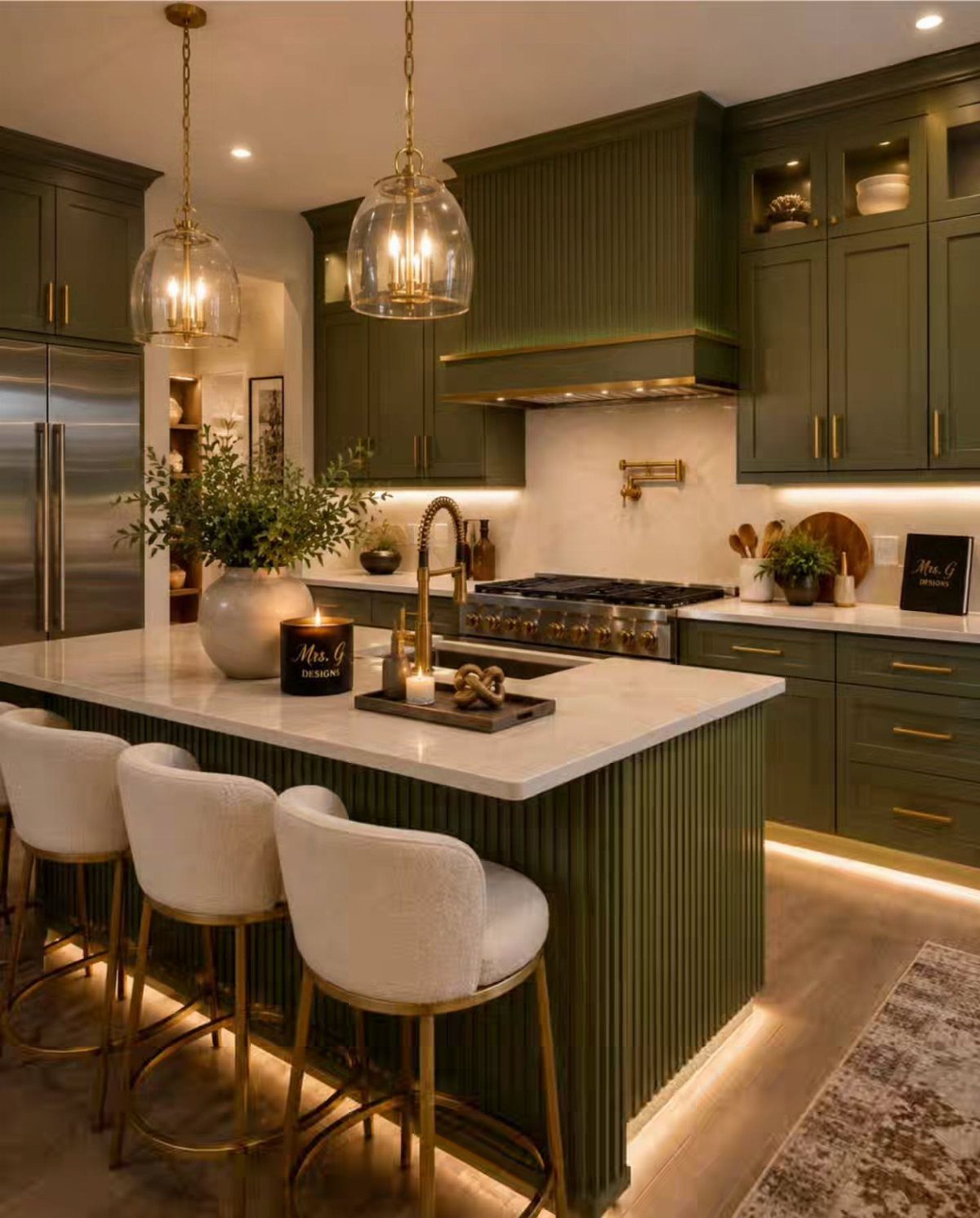 Interior Color Schemes: 9 Real Rooms That Make Them Work 9 Olive green kitchen cabinets with gold accents and a white marble island with bar stools.