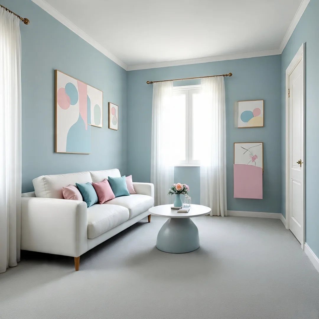 Interior Color Schemes: 9 Real Rooms That Make Them Work 5 A living room featuring light blue walls, a white sofa, and pastel-colored abstract wall art.