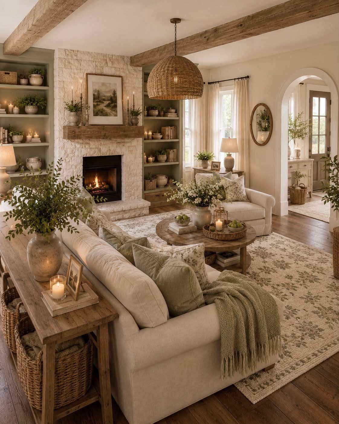 Interior Color Schemes: 9 Real Rooms That Make Them Work 2 Cream-colored living room with a white brick fireplace, wooden beams, and rustic farmhouse decor.