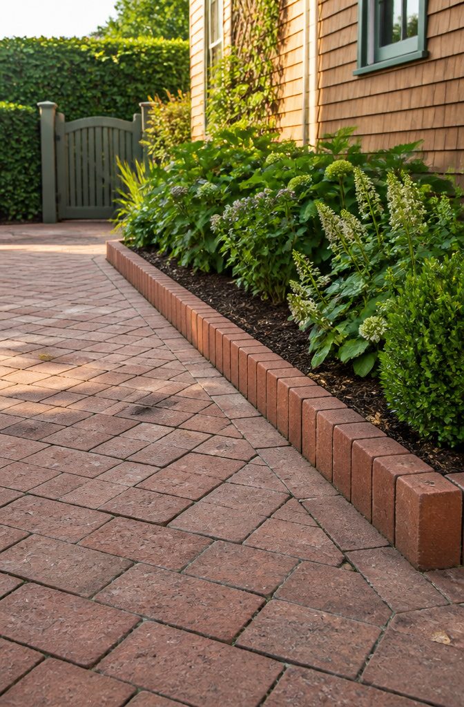 Landscape Bed Edging: Materials, Styles and How They Hold Up 5 Brick pavers forming a straight border beside a garden bed and walkway