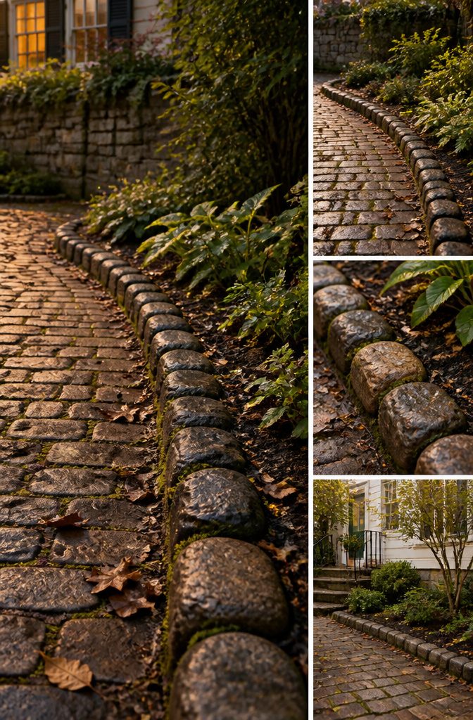 Landscape Bed Edging: Materials, Styles and How They Hold Up 7 Rounded cobblestones edging a garden bed next to a paved path