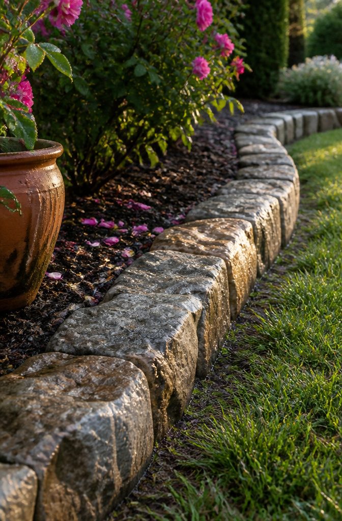 Landscape Bed Edging: Materials, Styles and How They Hold Up 1 Uneven gray and buff stones bordering dark mulch and short grass
