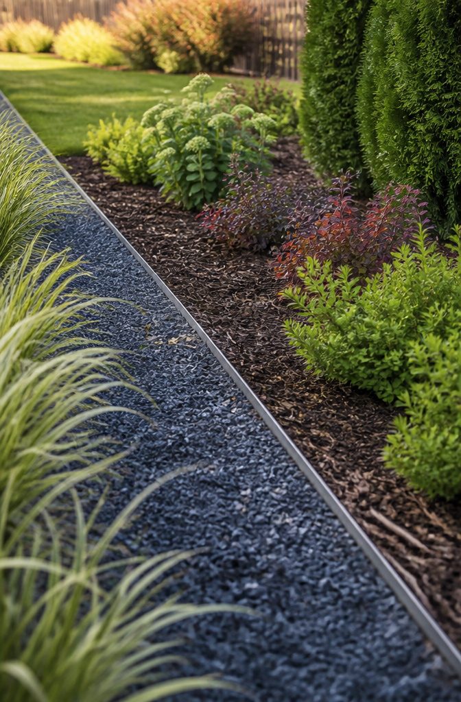 Landscape Bed Edging: Materials, Styles and How They Hold Up 2 Slim gray metal edging between a gravel and mulch bed and lawn