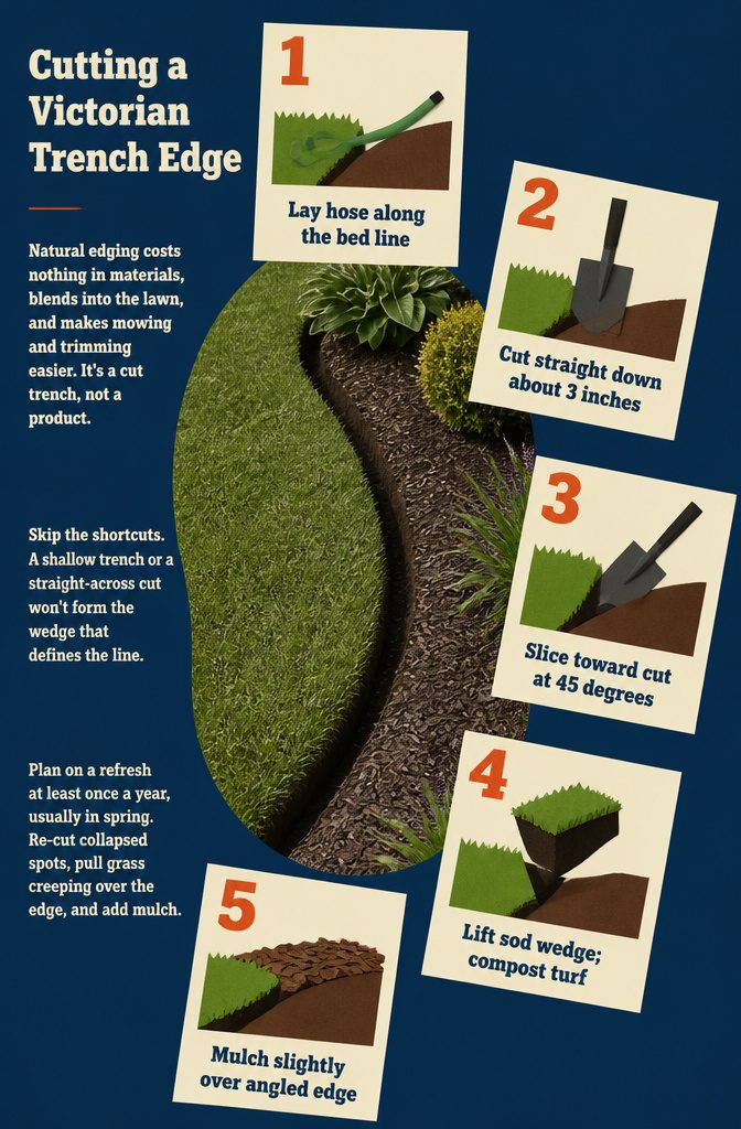 Landscape Bed Edging: Materials, Styles and How They Hold Up 8 Flat-edged spade cutting a wedge-shaped trench between lawn and garden bed