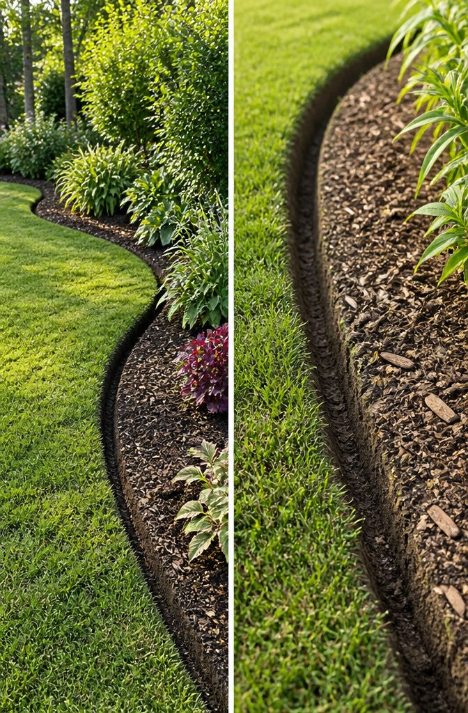 Landscape Bed Edging: Materials, Styles and How They Hold Up 9 Mulched planting bed divided from green lawn by a defined edge