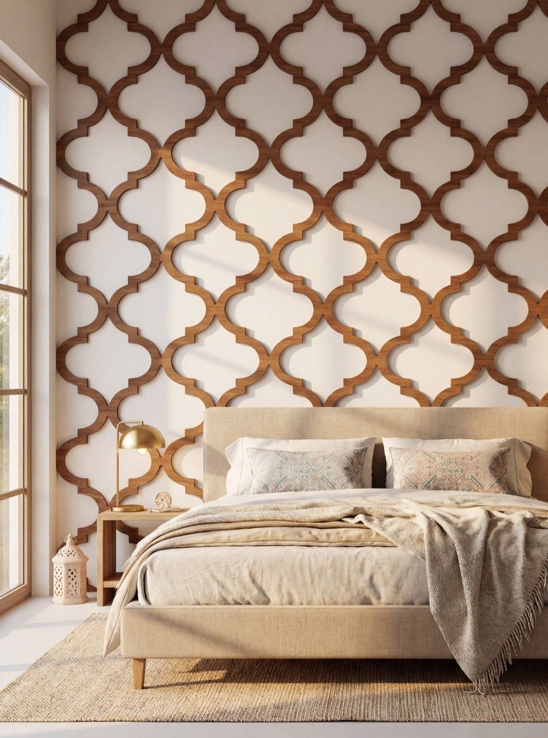 Decorative wooden fretwork panels in a quatrefoil pattern on a bedroom wall behind a bed.