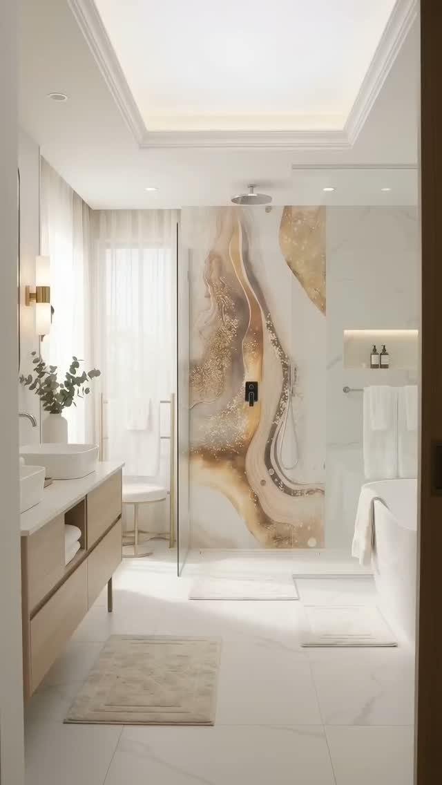 Modern bathroom with a large marble-patterned feature wall in gold and brown tones.
