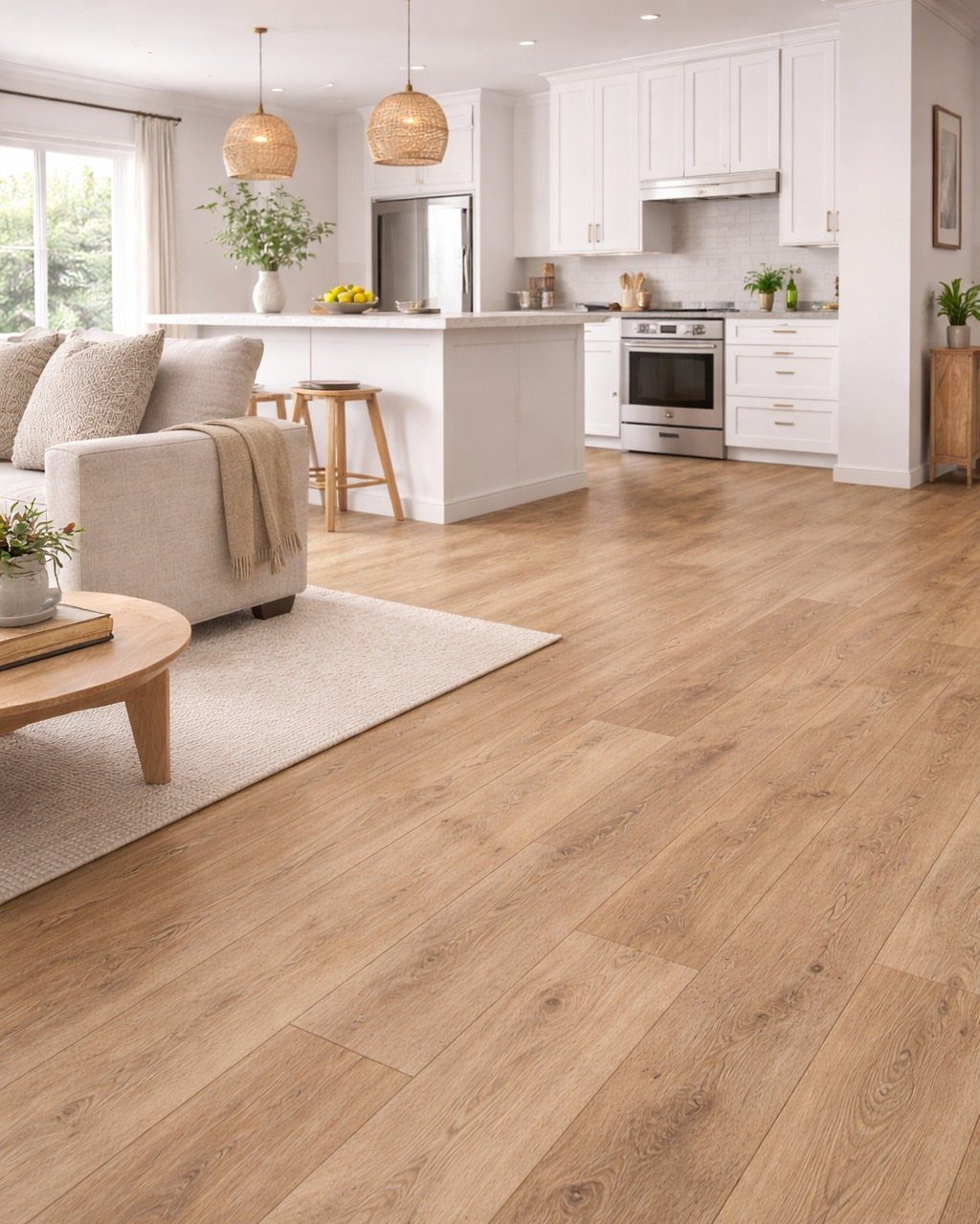 Light LVP Flooring: 5 Design Ideas for Bright Rooms 4 Light wood-look vinyl plank flooring spanning an open living room and white modern kitchen area.