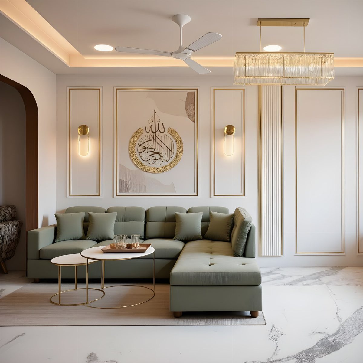 Sage green sofa in a modern living room with gold-trimmed wall paneling and marble floors.