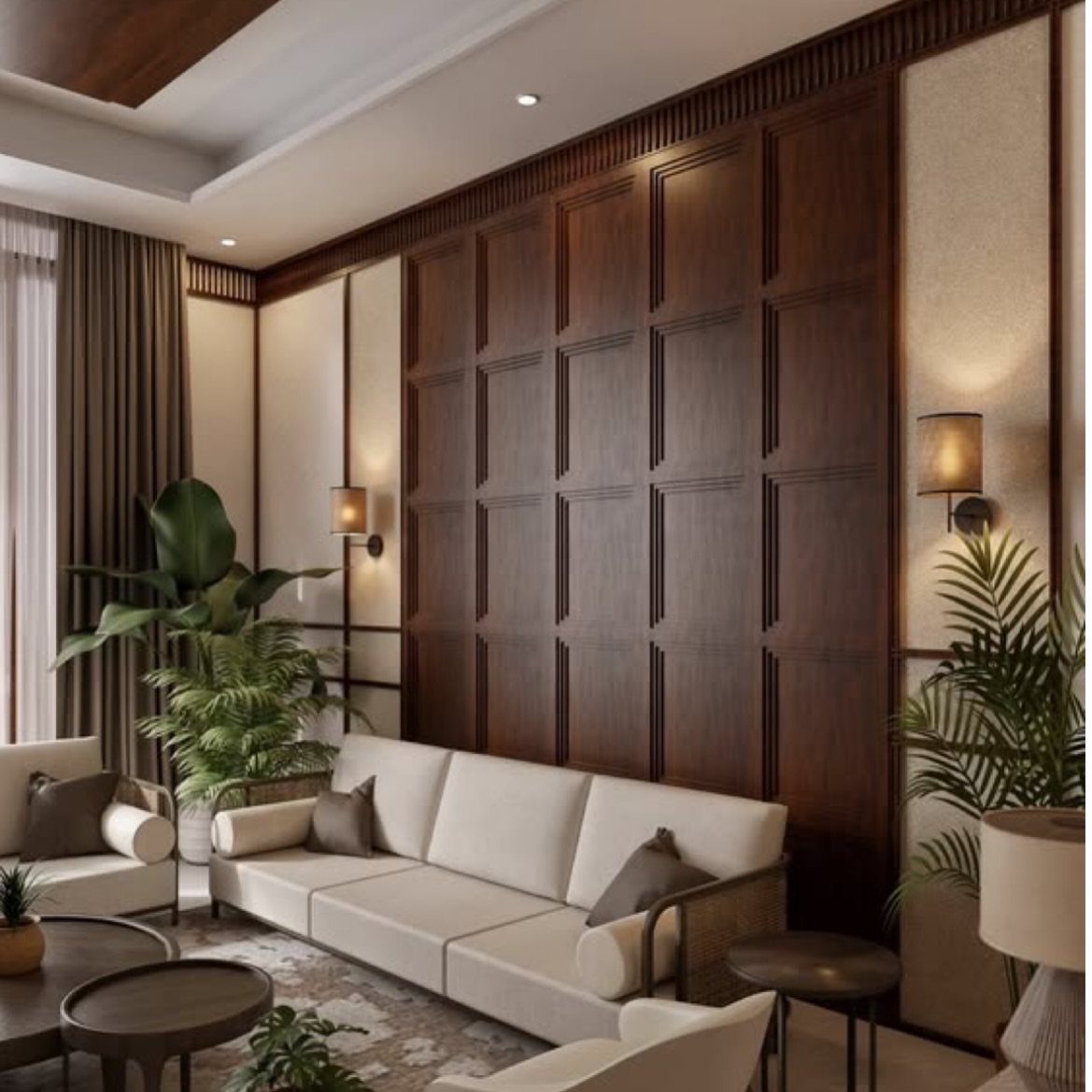 Dark wood rectangular wall paneling in a modern living room with a cream sofa and plants.