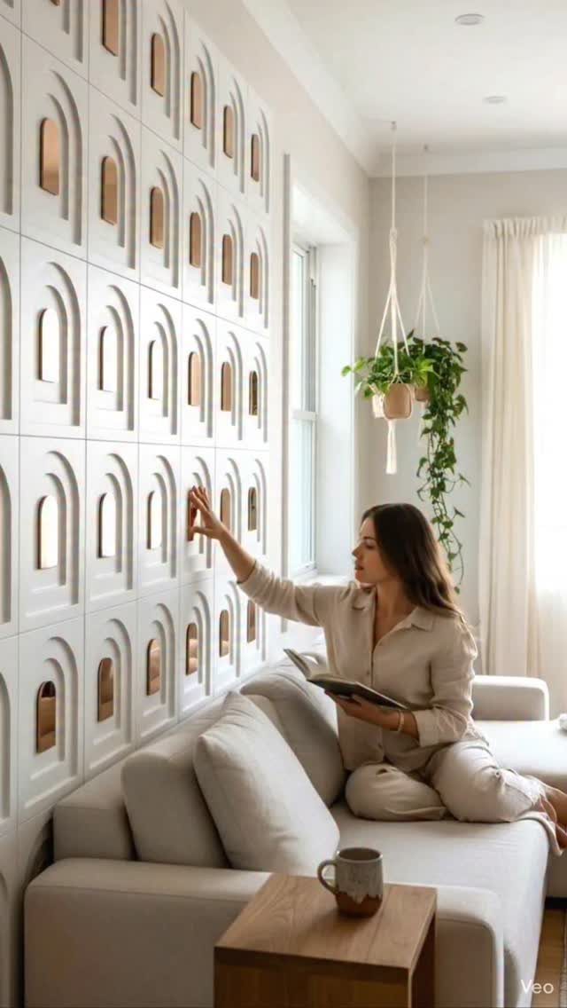 Woman sitting on a sofa touching white modular wall panels with arched gold accents.