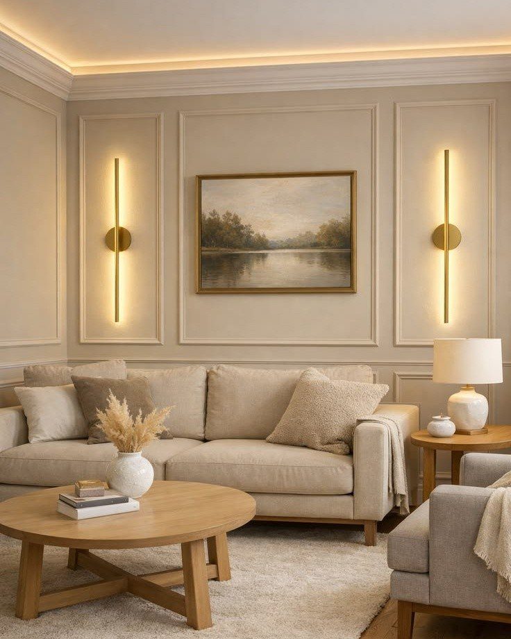 Beige living room walls with large rectangular decorative picture frame moulding and warm lighting.
