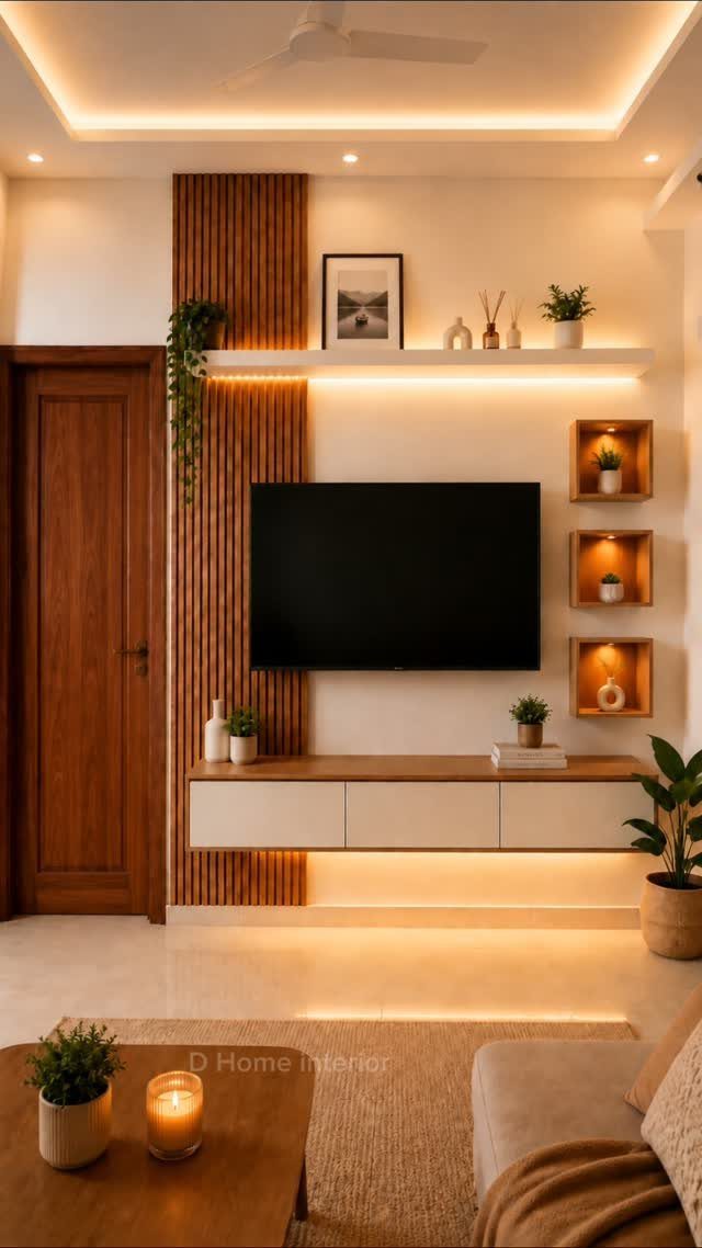 Vertical wooden slats on a white living room wall next to a television and floating shelves.