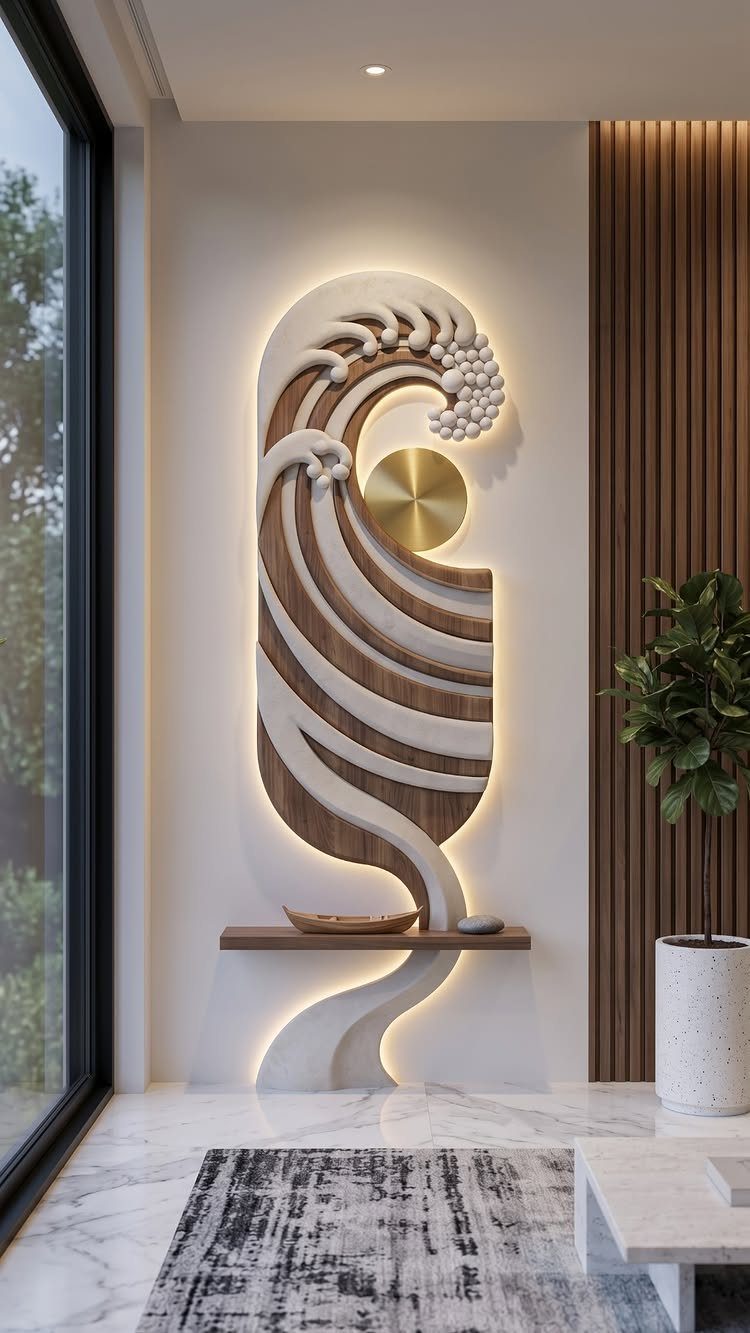 Large sculptural wave wall art with golden sun element mounted on a white wall with backlighting.