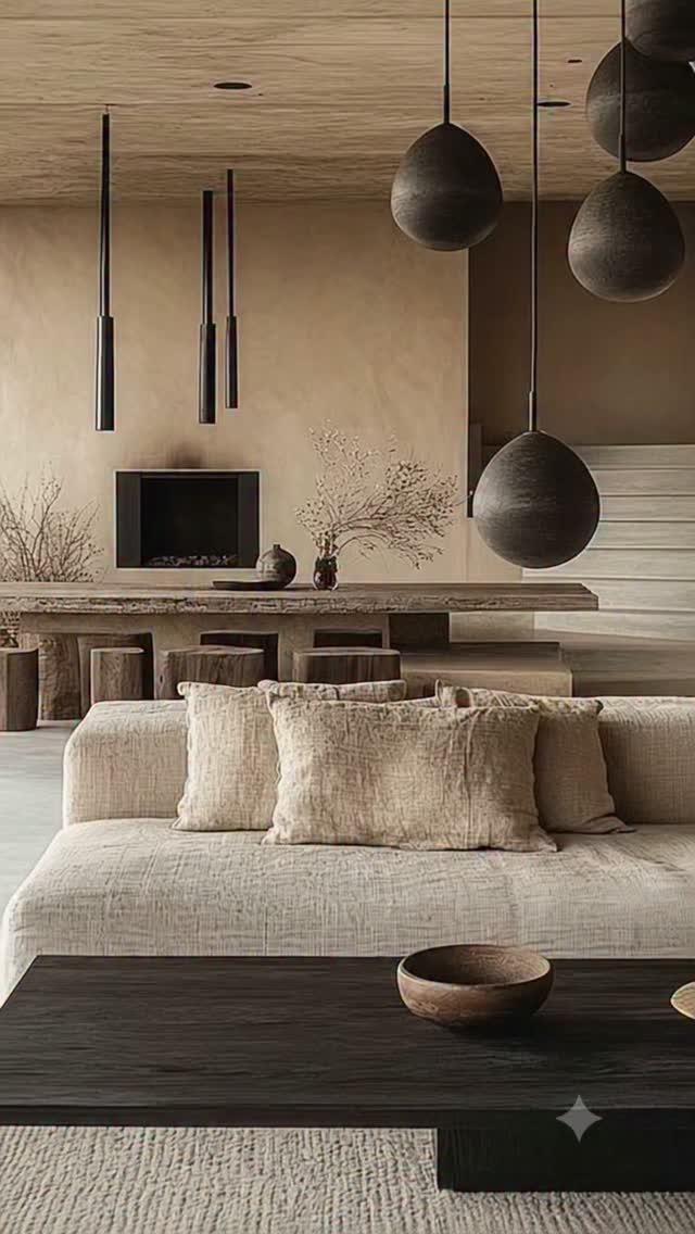 Beige sofa with textured cushions in a minimalist room with black spherical pendant lights.