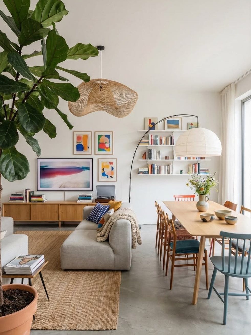 A minimalist living room with a grey sofa, wooden dining table, and large green plant.