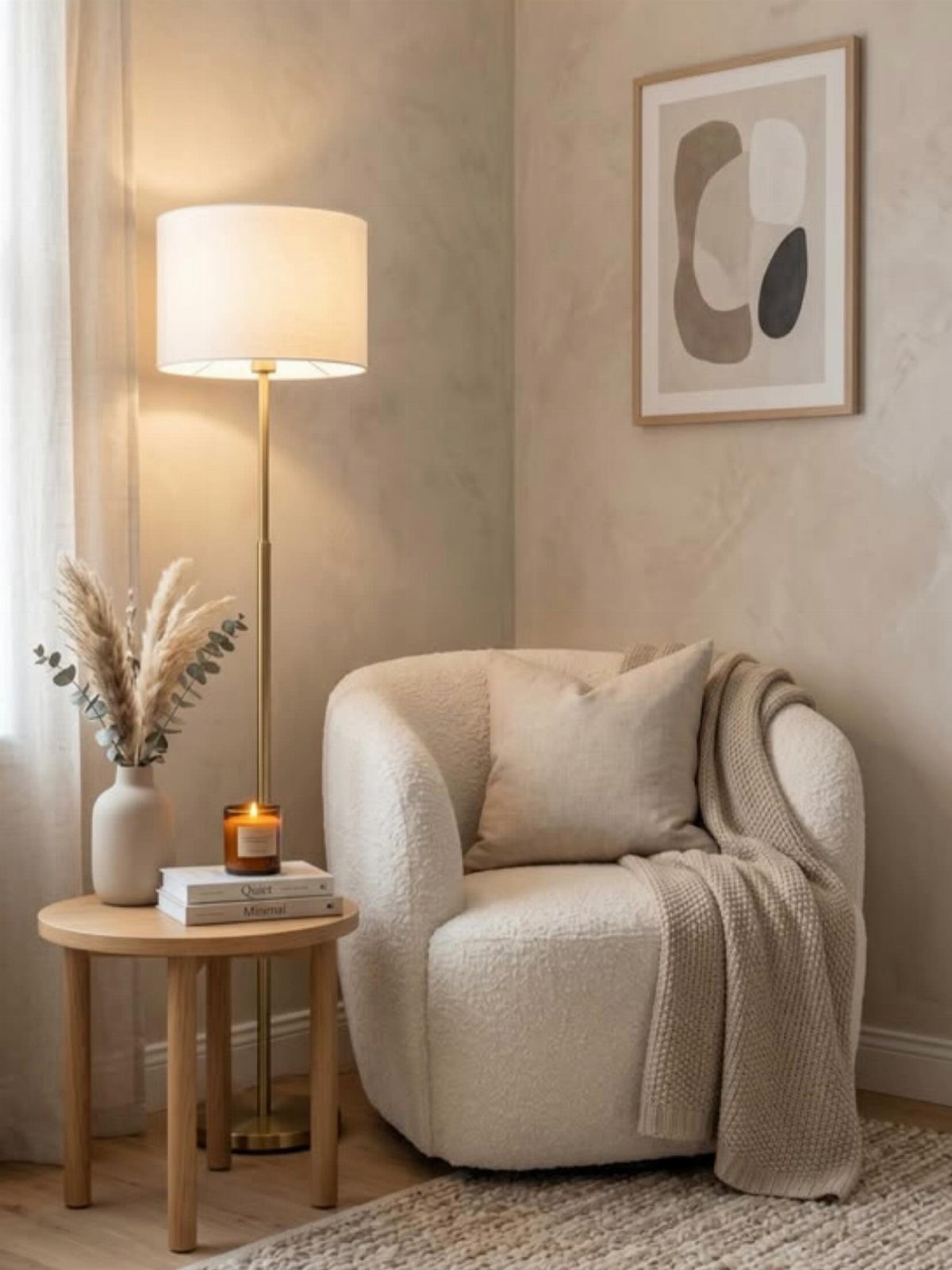 Cream bouclé armchair with a cushion and throw blanket next to a small wooden side table.