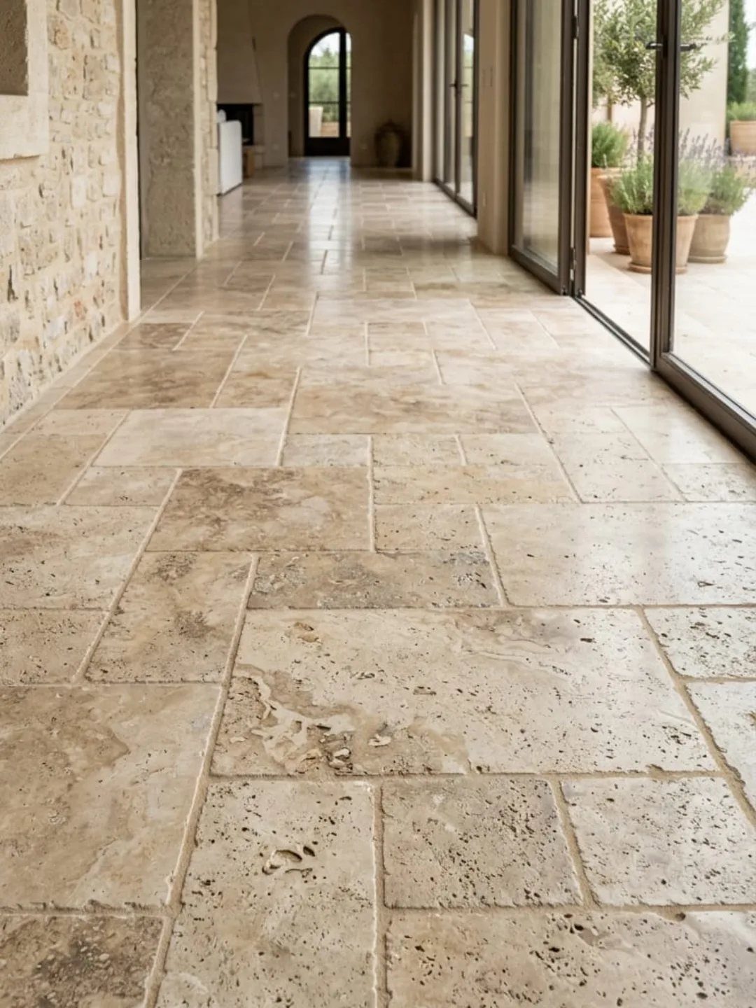 10 Modern Farmhouse Flooring Ideas for Every Room 4 Travertine stone tiles in beige tones laid in an offset pattern across a bright hallway.