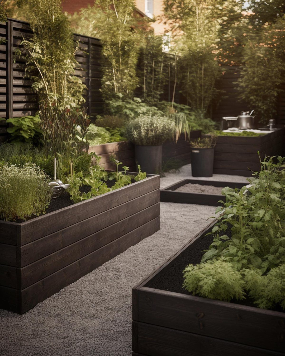 Painted Raised Garden Beds: 11 Ideas for Your Yard 3 Black painted wooden raised garden beds filled with green plants on gravel.