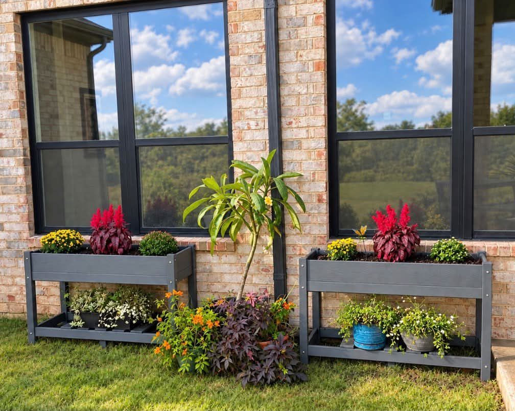 Painted Raised Garden Beds: 11 Ideas for Your Yard 2 Grey painted wooden raised garden beds with colorful flowers against a brick wall.