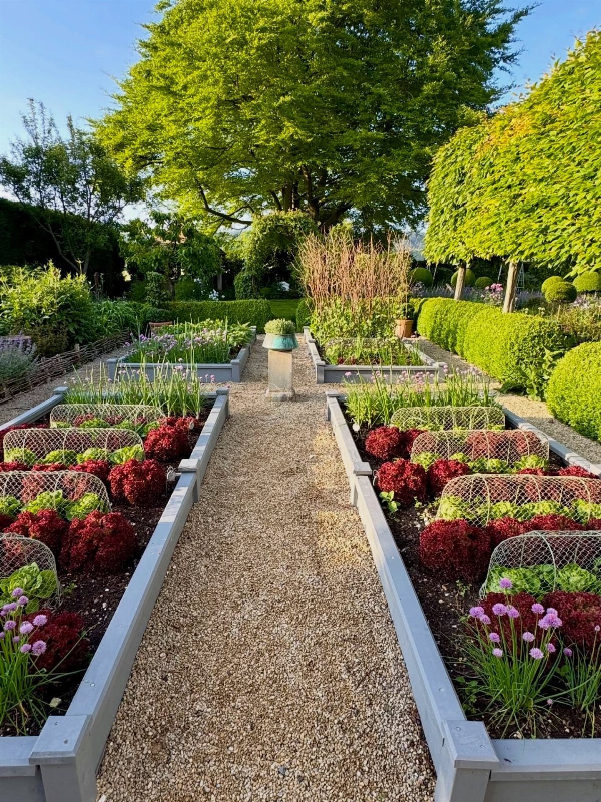 Painted Raised Garden Beds: 11 Ideas for Your Yard 1 Grey painted wooden raised garden beds filled with red lettuce and purple flowers.