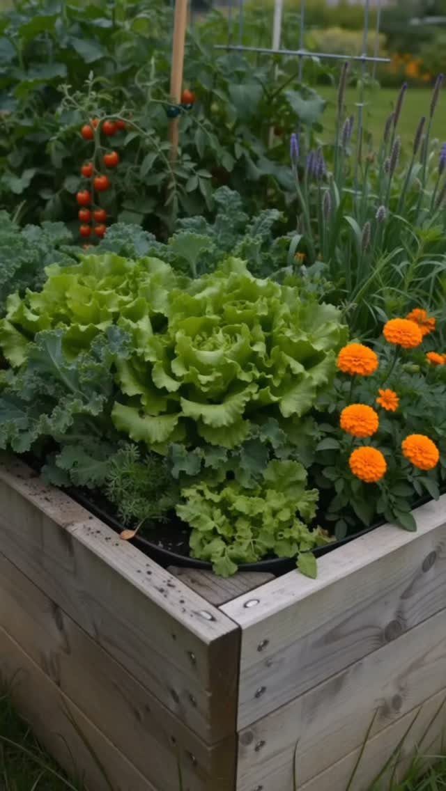 Painted Raised Garden Beds: 11 Ideas for Your Yard 5 Untreated wood raised garden bed filled with lettuce, kale, and orange marigolds.