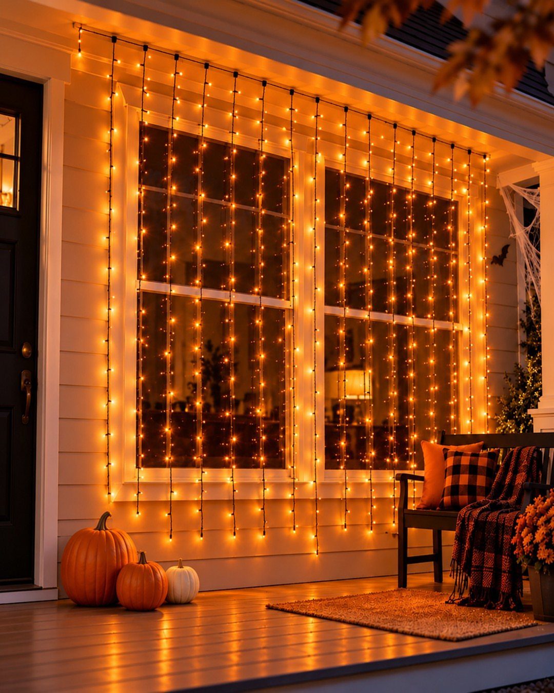 25 Patio Lights Ideas, From String Lights to Step Lighting 13 Curtain string lights hanging vertically over a porch window with autumn pumpkins.