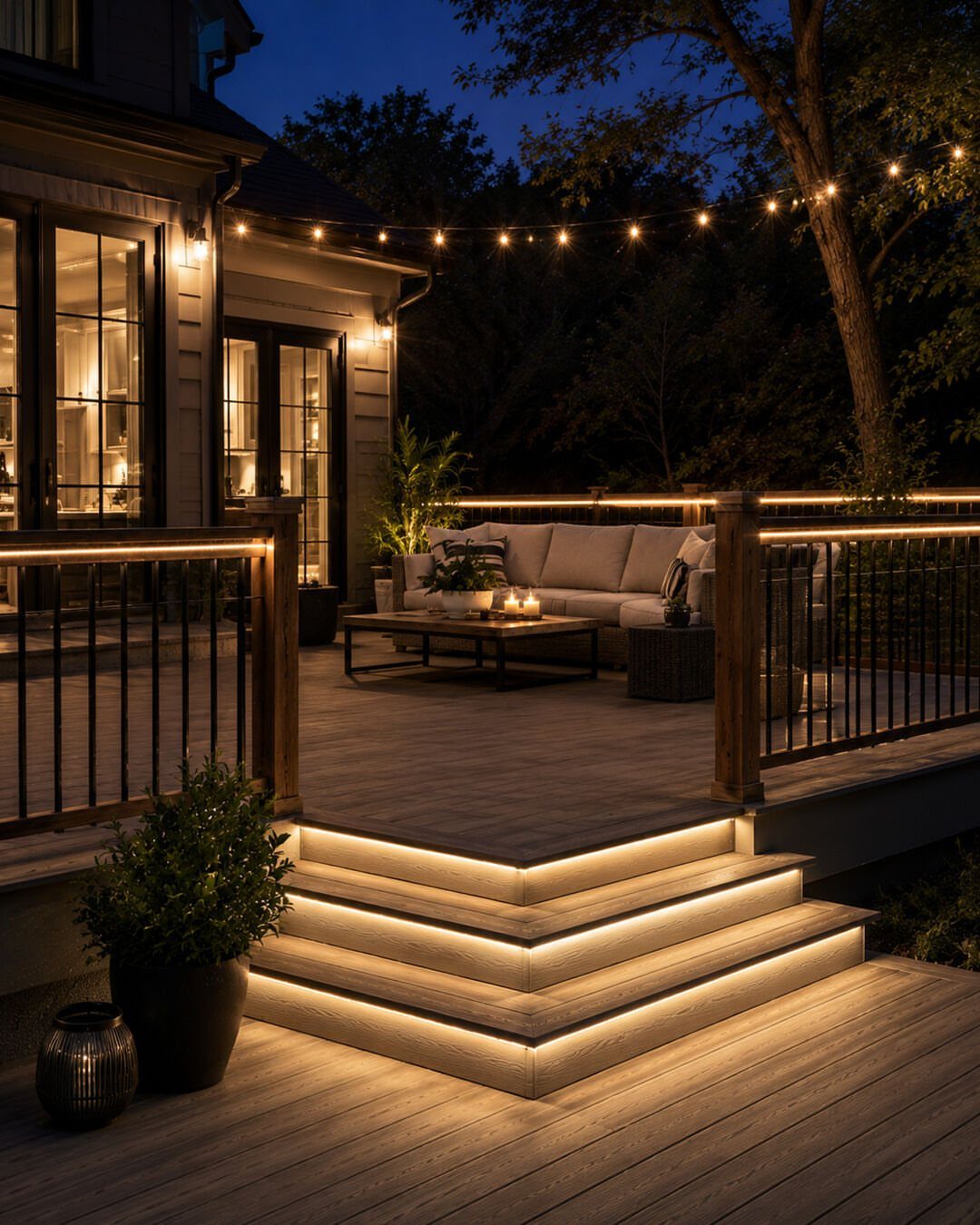 25 Patio Lights Ideas, From String Lights to Step Lighting 15 Wooden deck at night with integrated LED lighting on stairs and railing caps.