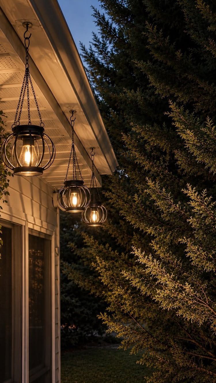 25 Patio Lights Ideas, From String Lights to Step Lighting 25 Three black lantern lights hanging from white eaves next to a large evergreen tree