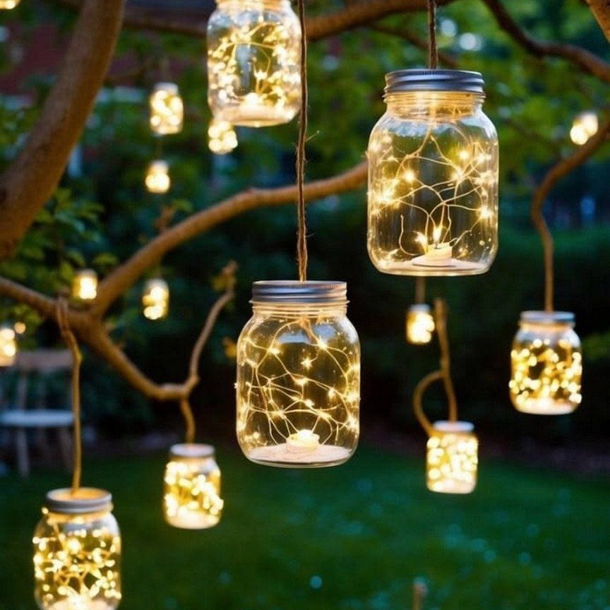 25 Patio Lights Ideas, From String Lights to Step Lighting 19 Glass mason jars filled with fairy lights hanging from tree branches in a garden