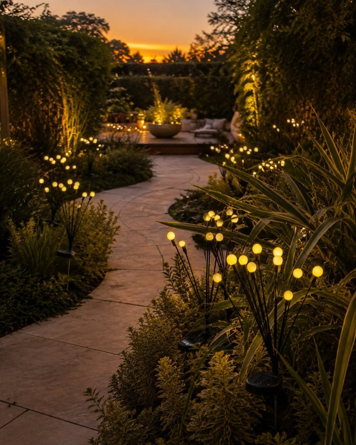 25 Patio Lights Ideas, From String Lights to Step Lighting 4 Stone garden path lined with small warm yellow globe lights among green plants