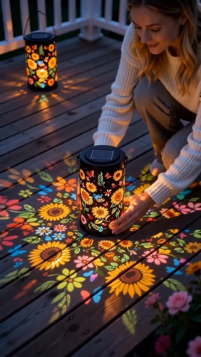 25 Patio Lights Ideas, From String Lights to Step Lighting 11 Woman placing a solar lantern that projects colorful sunflower patterns onto a wooden deck.