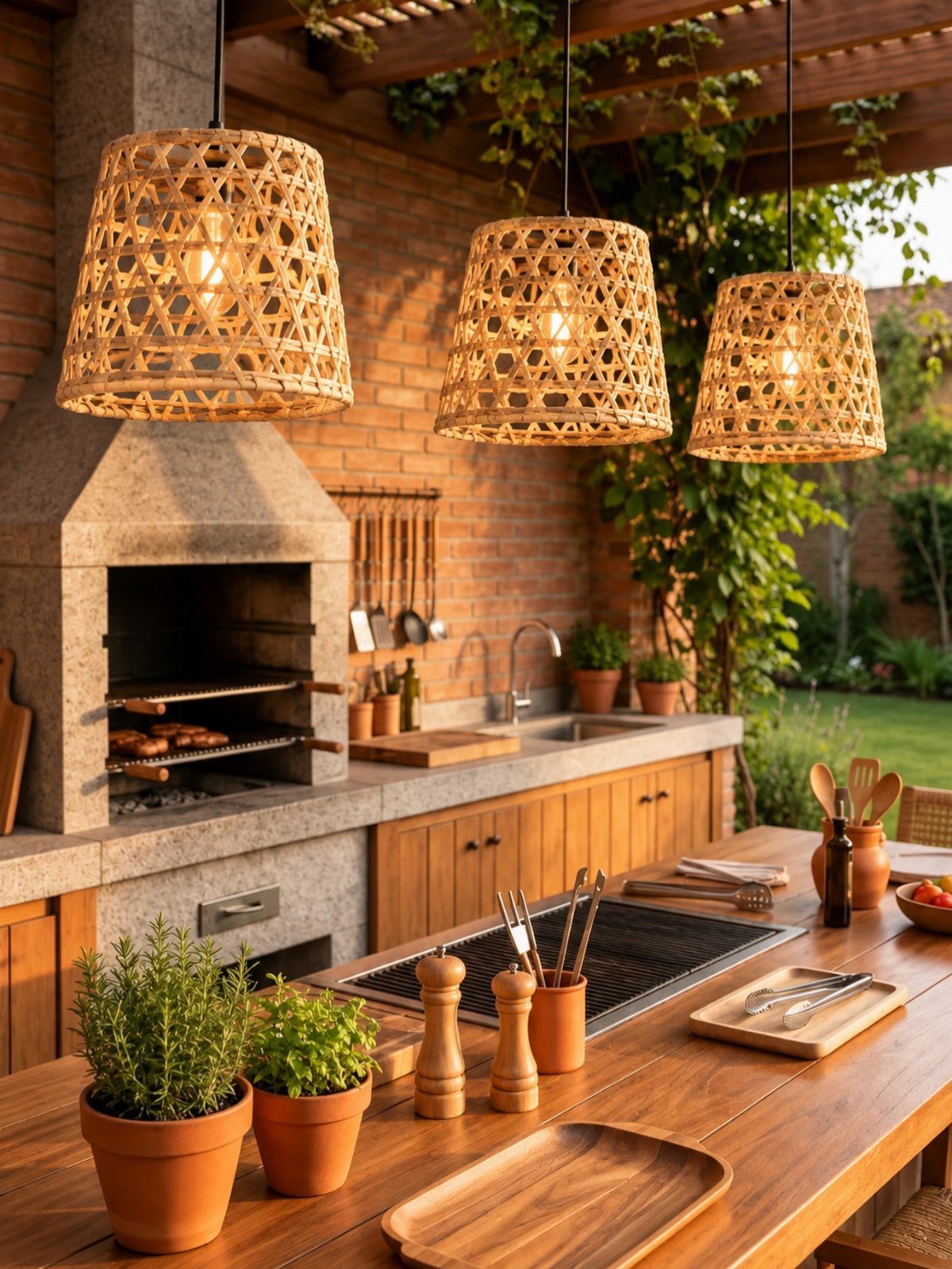 25 Patio Lights Ideas, From String Lights to Step Lighting 24 Woven wicker pendant lights illuminating a rustic outdoor kitchen with a stone grill.