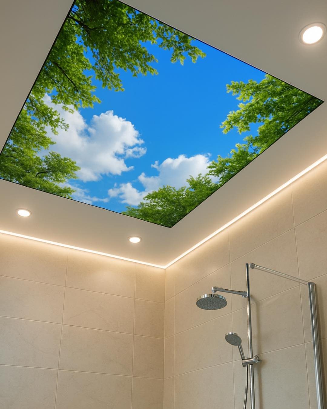 A bathroom ceiling featuring a large rectangular mural panel of a blue sky and green trees.