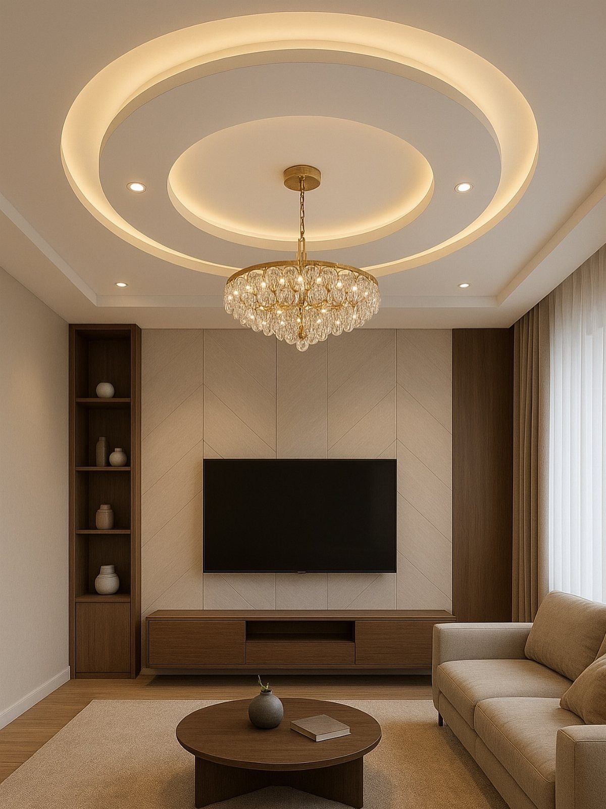 Circular POP ceiling design with warm cove lighting and a crystal chandelier in living room