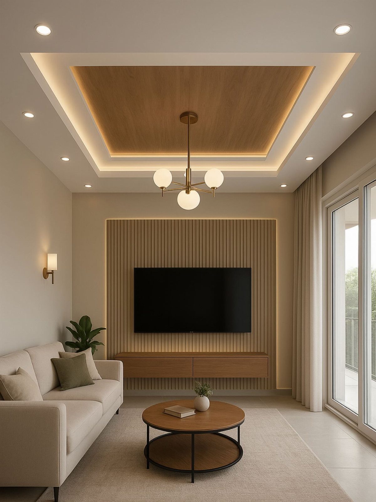 Modern living room with a white tray ceiling featuring a recessed wooden center panel.