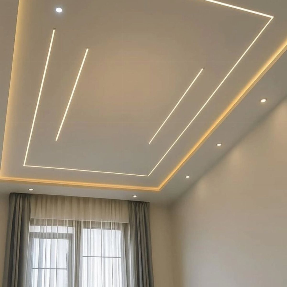 White POP ceiling with recessed tray, linear LED strips, and circular spotlights.
