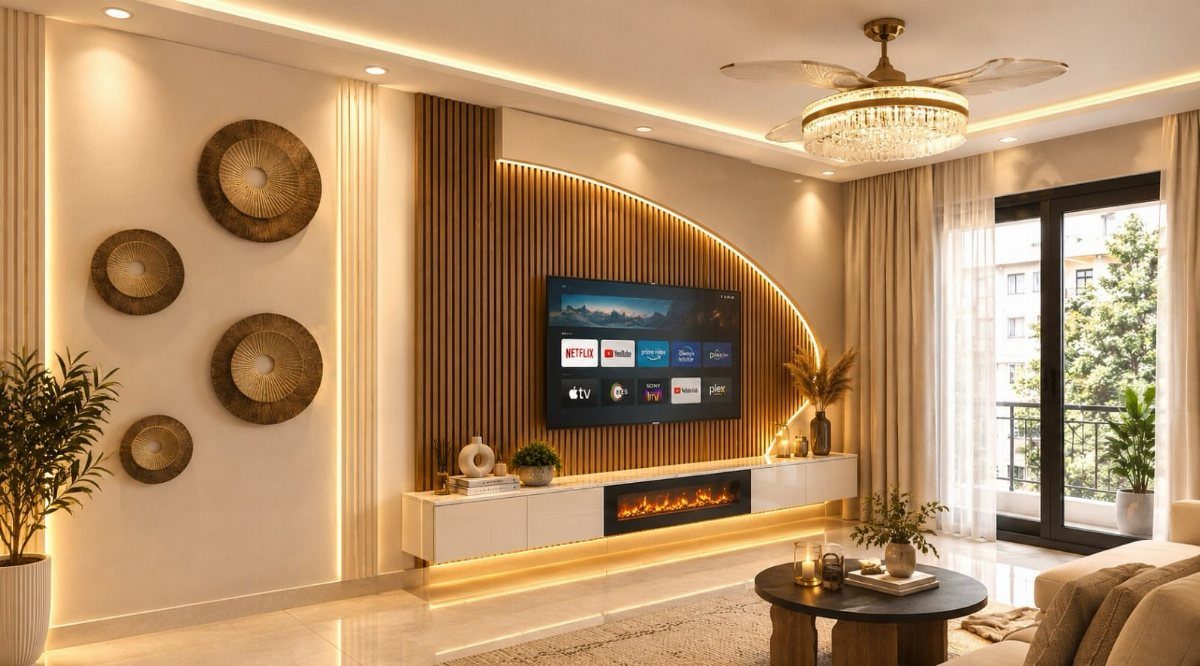 Television mounted on a curved wooden slat wall above a white console and fireplace.
