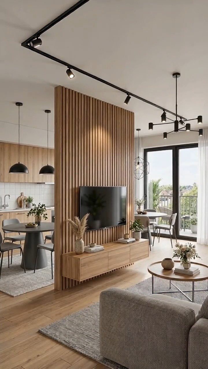 Wooden slat wall divider with a mounted television and floating console in a modern living room.