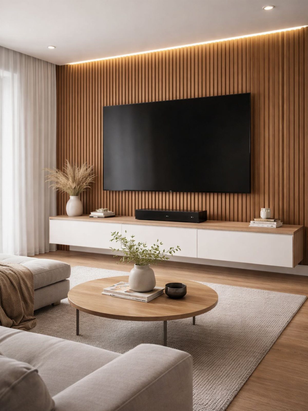 A large television mounted on a vertical wood slat wall above a white floating console.