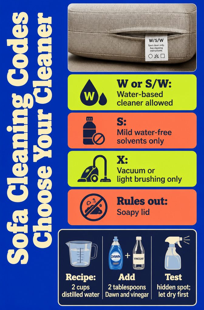 Sofa Cleaning Hack: Using a Fabric-Covered Lid on Upholstery 5 Sofa cleaning code chart showing W S W and X fabric labels