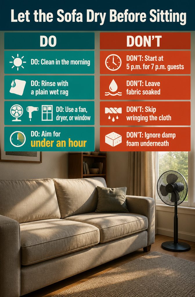 Sofa Cleaning Hack: Using a Fabric-Covered Lid on Upholstery 4 Fan directed toward a sofa cushion with a drying cloth nearby