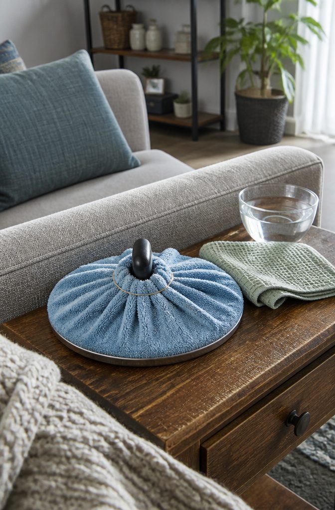 Sofa Cleaning Hack: Using a Fabric-Covered Lid on Upholstery 1 Metal pot lid centered on a damp cloth with fabric gathered around its handle