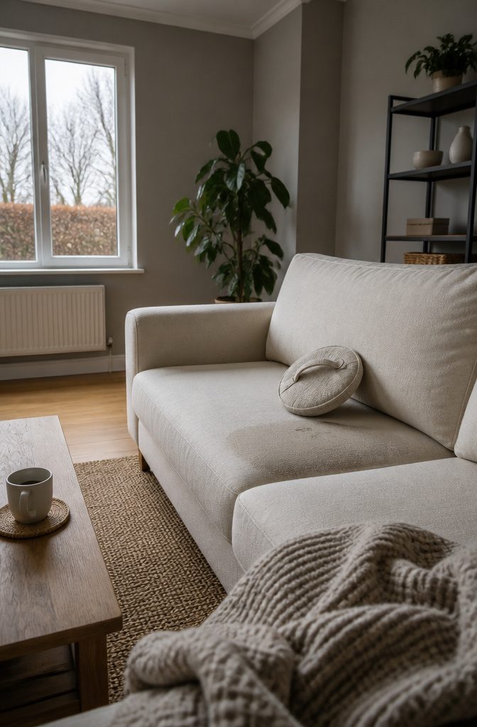 Sofa Cleaning Hack: Using a Fabric-Covered Lid on Upholstery 3 Hand pushing a cloth-covered lid over a sofa cushion
