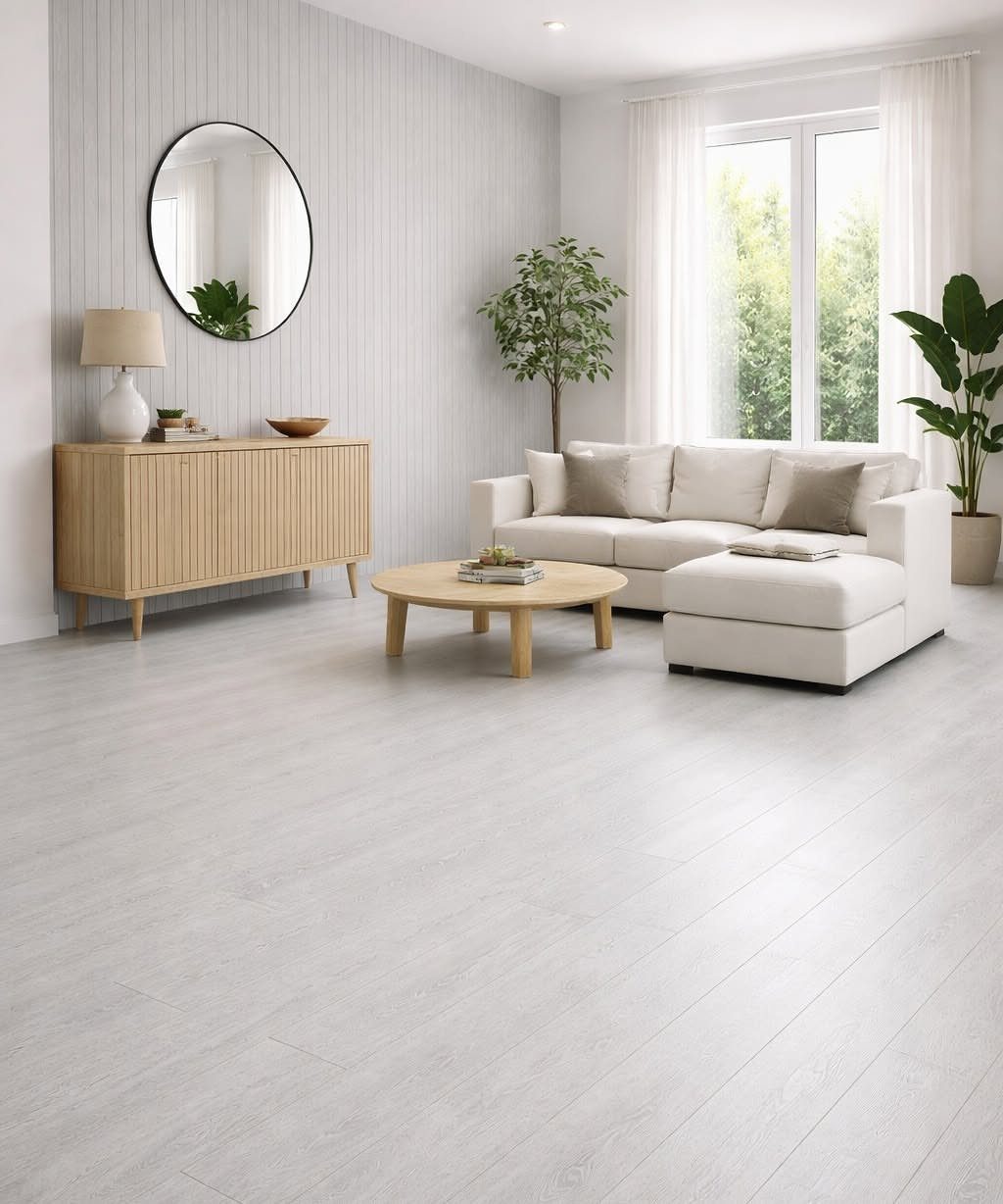 9 Vinyl Floor Colors for Every Room in 2026 3 Light whitewashed wood planks covering the floor of a bright, modern living room.